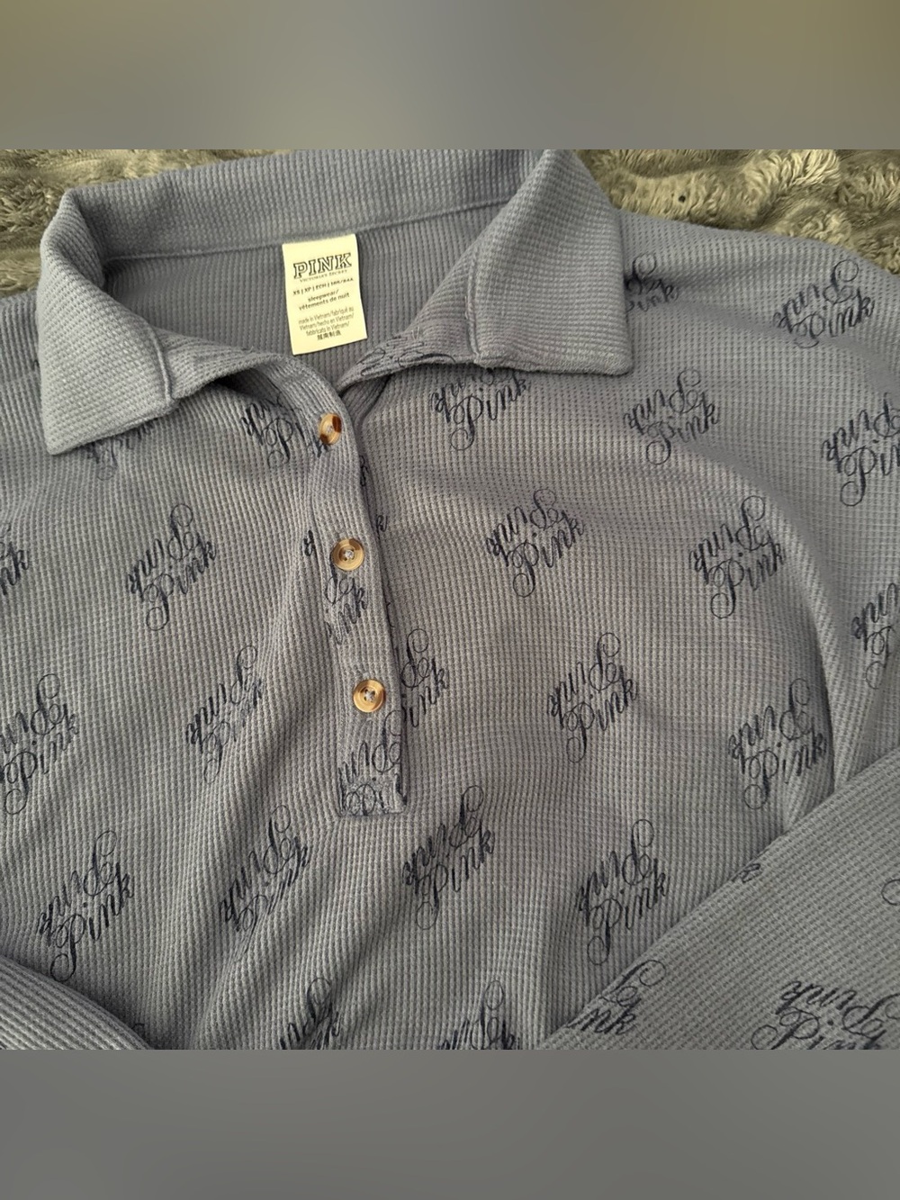 PINK Victoria's Secret Gray Logo Waffle-Knit Long Sleeve Polo